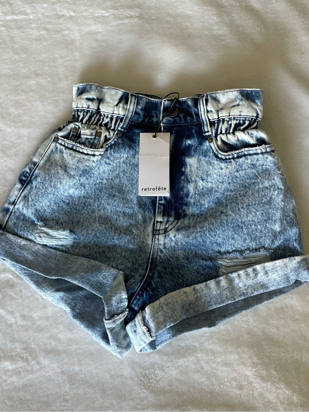 Retrofete Haisley Acid-Wash Light Blue High-Waist Paperbag Denim Shorts